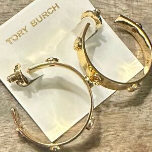New Authentic Tory Burch Women’s Multigrain Logo Gold Hoop on TB Earring card